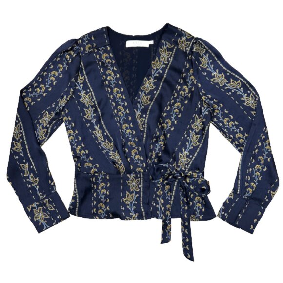 NWT ASTR the Label Kimi Navy Blue Print Long Sleeve Satin Wrap Top Blouse M - Picture 5 of 14